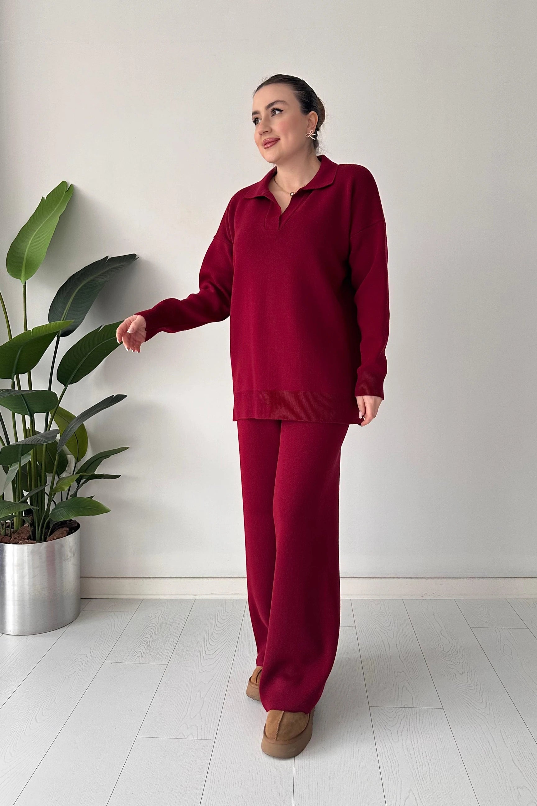 Ensemble Knitwear Femme en Maille – Pantalon coupe droite & tricot à col revers