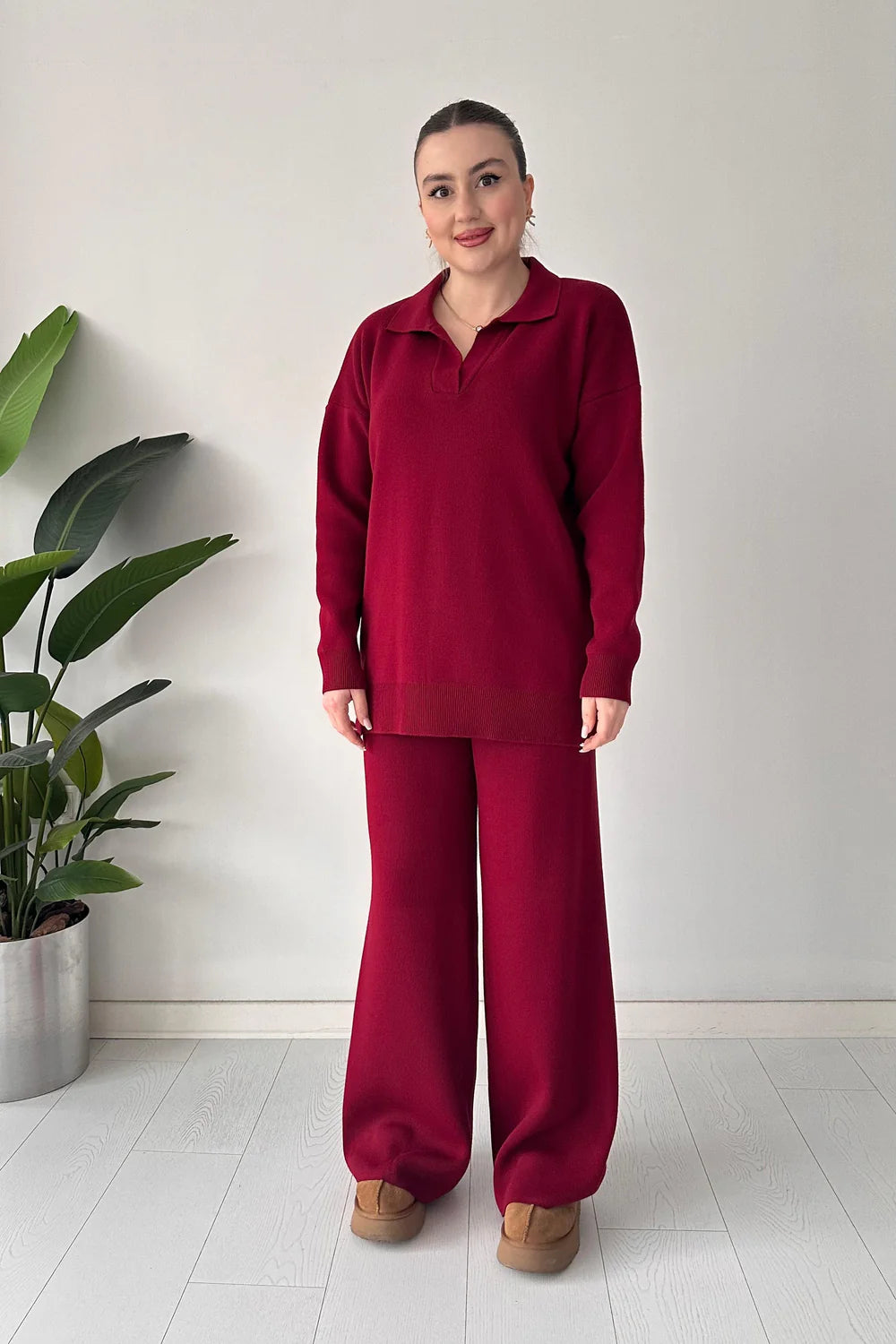 Ensemble Knitwear Femme en Maille – Pantalon coupe droite & tricot à col revers