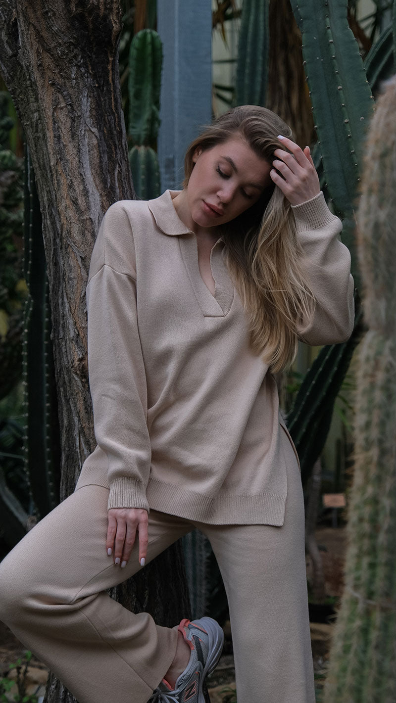 Ensemble Knitwear Femme en Maille – Pantalon coupe droite & tricot à col revers